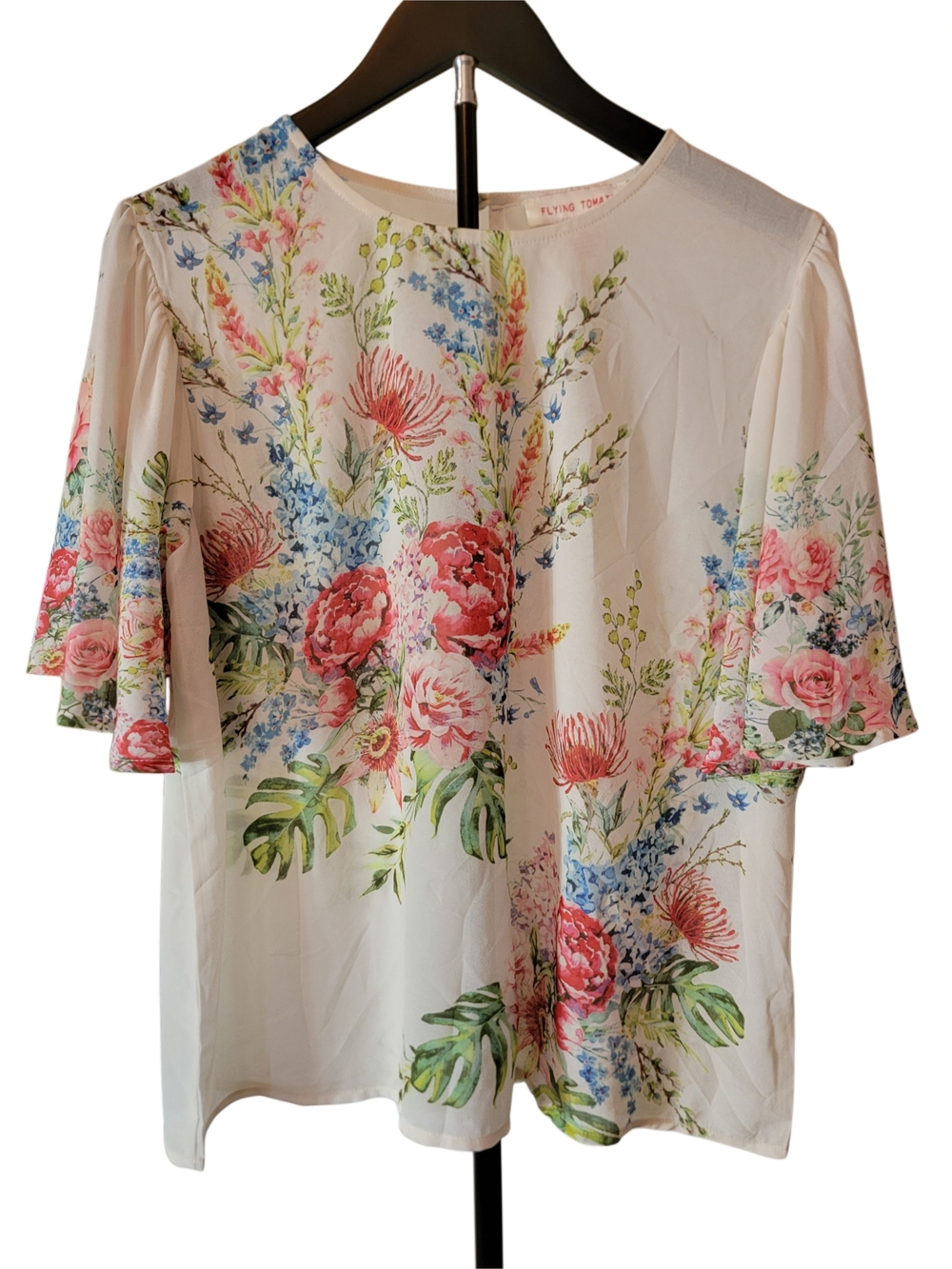 Flying Tomato Floral Short Sleeve Blouse - White with Pink & Green Floral Print